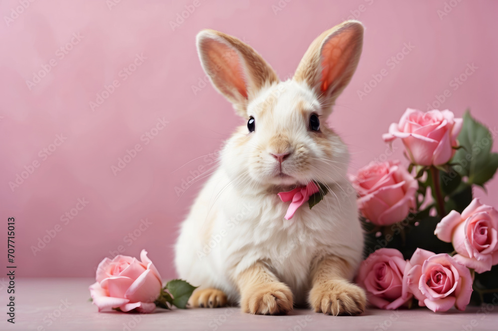 cute white bunny with pink roses in pink studio background, easter bunny