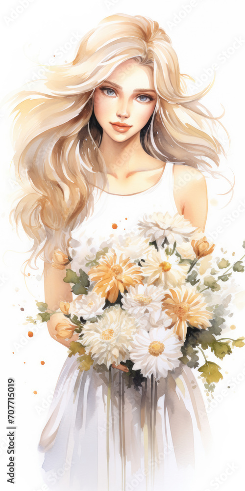 Girl with a bouquet of flowers in watercolor style Girl with a bouquet of flowers in watercolor style