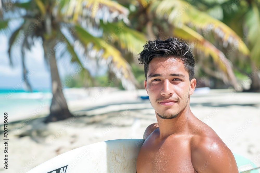 Relaxed studio portrait of a young Latino man in beachwear, holding a surfboard, isolated on a tropical beach background
