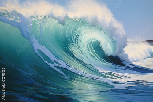 Oil painting of a wave with blue and white colors and dynamic brushstrokes