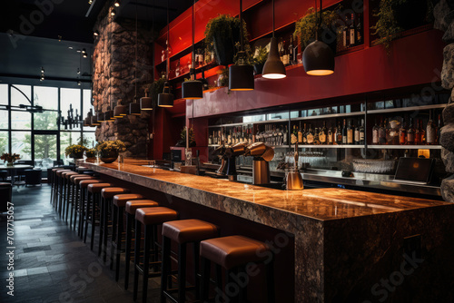 Counter in a bar or restaurant with a wooden table and chairs