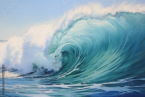 Oil painting of a wave with blue and white colors and dynamic brushstrokes