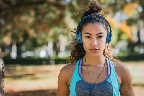 Sporty studio portrait of a young Latina woman in running gear, with headphones, isolated on a city park background