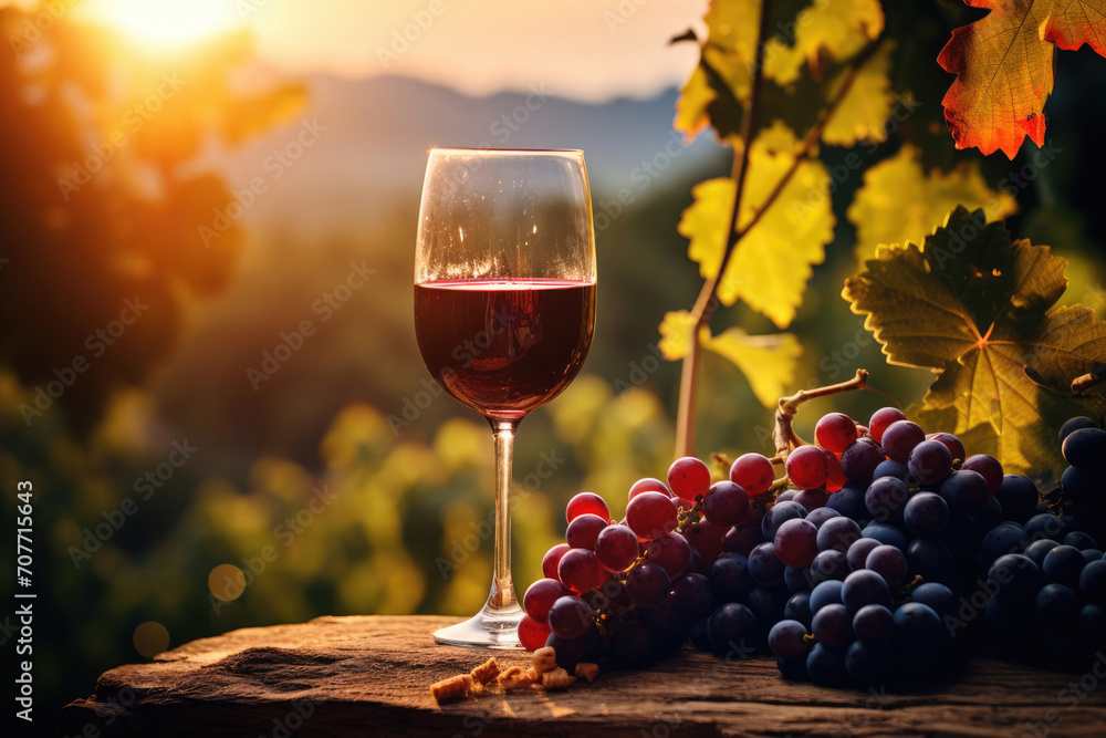 Grape brushes and a glass of wine on a barrel against the backdrop of a vineyard