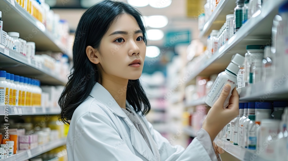 A beautiful young asian pharmacist holding prescription and medicaments tablets and pills. Searching for the correct medicament on a shelf in the drug store. A beautiful young asian pharmacist holding prescription and medicaments tablets and pills. Searching for the correct medicament on a shelf in the drug store.
