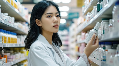 A beautiful young asian pharmacist holding prescription and medicaments tablets and pills. Searching for the correct medicament on a shelf in the drug store.