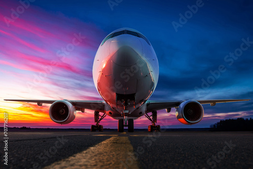 Wide body passenger airplane at the airport apron against the backdrop of a picturesque sunrise sky