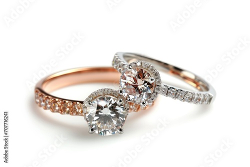 Elegant diamond engagement rings isolated on white background. Luxury bridal jewelry closeup.