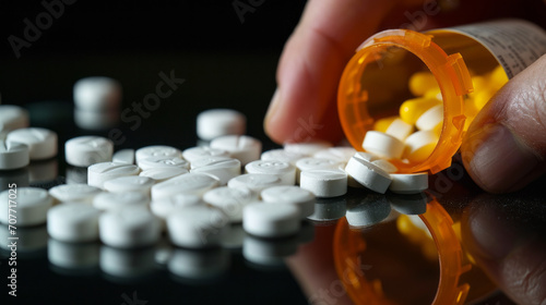 Hand holding an open container of prescription opioids, with pills spilling onto a dark surface.