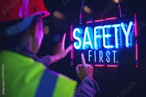 Construction Worker Pointing at Safety First Neon Sign. A construction worker in a hard hat and reflective vest pointing at a vibrant neon 'Safety First' sign.