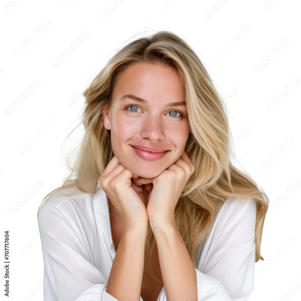 Young beauty woman blonde hair with makeup and touch her face and perfect skin, Facial treatment, Cosmetology, plastic surgery, isolated on white background, png Young beauty woman blonde hair with makeup and touch her face and perfect skin, Facial treatment, Cosmetology, plastic surgery, isolated on white background, png