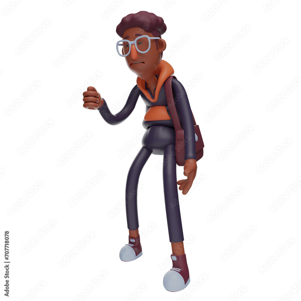 3D illustration. 3D Cartoon Design Student feels tired. body slightly bent. showing a pity facial expression. 3D Cartoon Character 3D illustration. 3D Cartoon Design Student feels tired. body slightly bent. showing a pity facial expression. 3D Cartoon Character