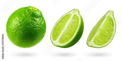 Lime set isolated. Collection of ripe whole lime, half and slice lime on a transparent background. Fresh fruits.