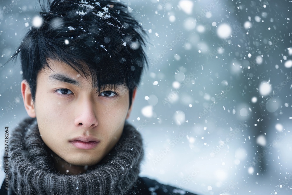 Studio portrait of a young Asian male model with a backdrop of a snowy winter landscape Studio portrait of a young Asian male model with a backdrop of a snowy winter landscape