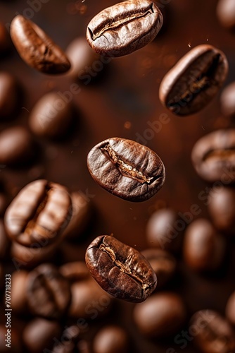 a close-up of coffee beans in various shades of brown, with some falling in different directions. The background is a dark brown color.