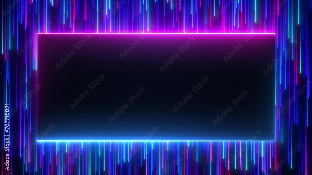 Abstract neon glow frame and rain of particles and bright neon lines, stage for product presentation, neon lights rectangle, seamless loop. Abstract neon glow frame and rain of particles and bright neon lines, stage for product presentation, neon lights rectangle, seamless loop.