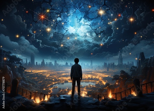 puzzle brain man holding pieces of puzzle and star, in the style of illuminated landscapes, silhouette figures, photo-realistic compositions, human-canvas integration, luminous sfumato