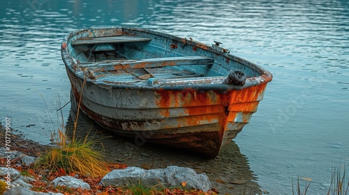 Old rusty fishing boat on the slope along. Ai generative