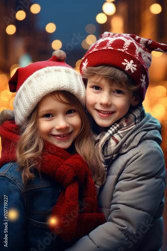 Festive Sibling Joy: Cute Girl and Boy Delight in Holiday Fun in a Sparkling Christmas City