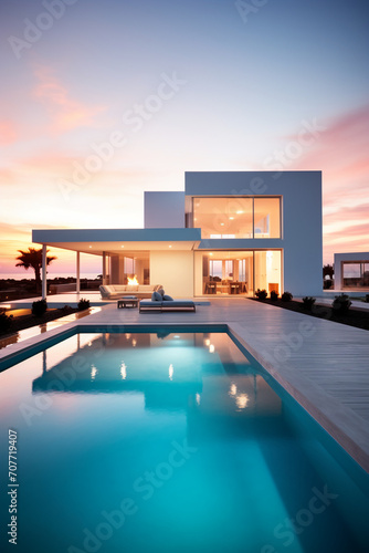 Sunset Serenity: Exterior View of Modern Minimalist Cubic Villa with Inviting Swimming Pool