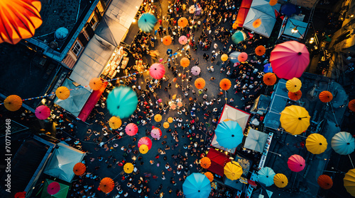 Aerial view of a vibrant festival in a city square with colorful decorations and crowds of people celebrating. photo