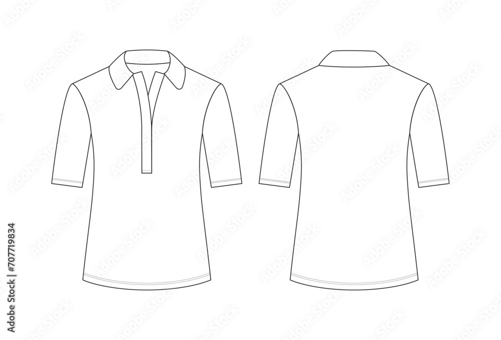 Vector fashion technical drawing of a polo shirt with front and back view. Above elbow sleeve length. Buttonless placket. Knit fabric. Vector fashion technical drawing of a polo shirt with front and back view. Above elbow sleeve length. Buttonless placket. Knit fabric.