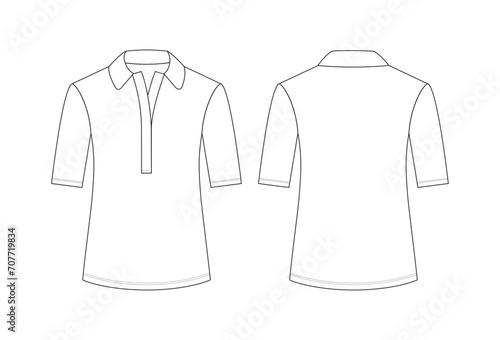 Vector fashion technical drawing of a polo shirt with front and back view. Above elbow sleeve length. Buttonless placket. Knit fabric.