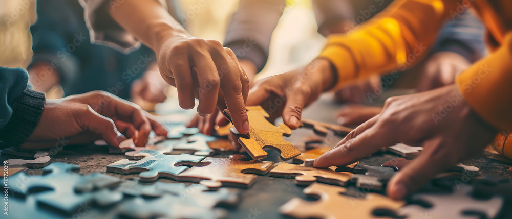 Obraz premium Hands of People working together to solve a puzzle, showing teamwork or team building concept
