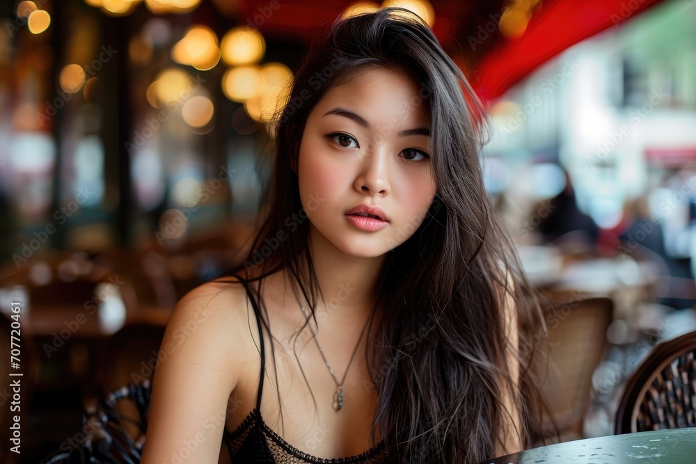 Studio portrait of a young Asian model with a classic Parisian café setting