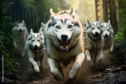 Group of wolves running in the forest