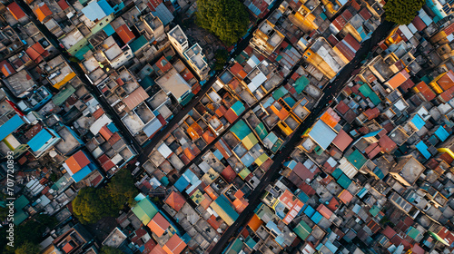 Aerial view of a dense urban slum area with tightly packed houses and narrow alleys.
