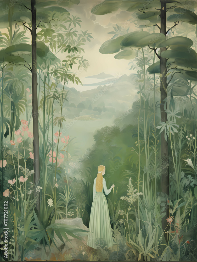 Φωτογραφία The Large Tapestry And Its Green Colors, A Woman In A Dress In A Forest
