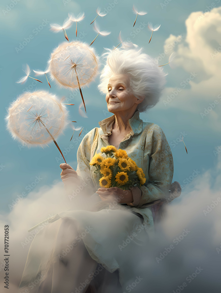 Φωτογραφία An Old Woman With A Dandelion, An Old Woman Holding A Bouquet Of Dandelions