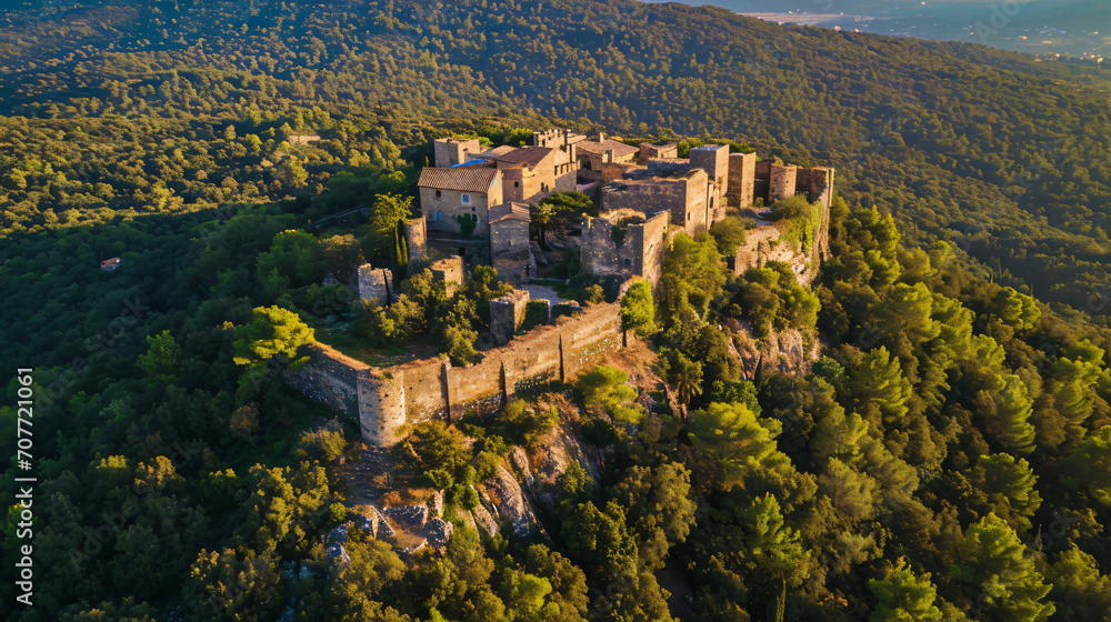 Aerial view of a grand ancient fortress on a hill surrounded by a dense forest.