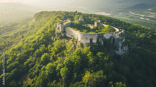 Aerial view of a grand ancient fortress on a hill surrounded by a dense forest.