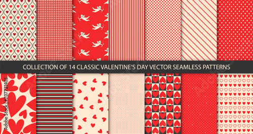 Set of 14 patterns with hearts, cupids, cherubs and geometric lines in red vintage colors. St. Valentine's Day trendy backgrounds. Vector retro illustrations. photo