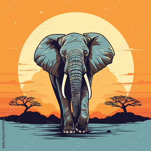 African elephant in the savanna. Vector colored illustration of a walking elephant photo