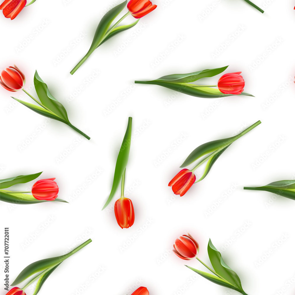 3D red tulips seamless pattern, realistic isolated floral spring bouquet, romantic plants 3D red tulips seamless pattern, realistic isolated floral spring bouquet, romantic plants