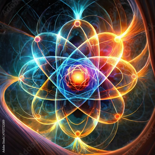 Digital art of a vibrant and scientific image showcasing an atom with electrifying energy waves