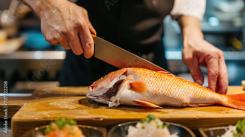 A chef's hands are meticulously preparing a fresh, whole red snapper on a wooden cutting board, demonstrating skill in seafood cuisine preparation.