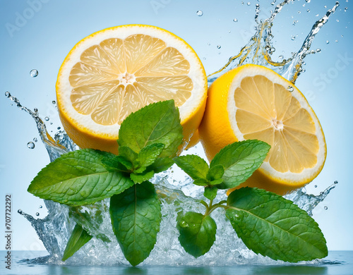 close up of lemon and mint leaves with water splash isolated on light blue background
