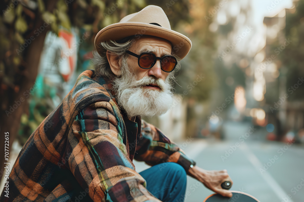 Old cool hipster man with white beard and long hair portrait