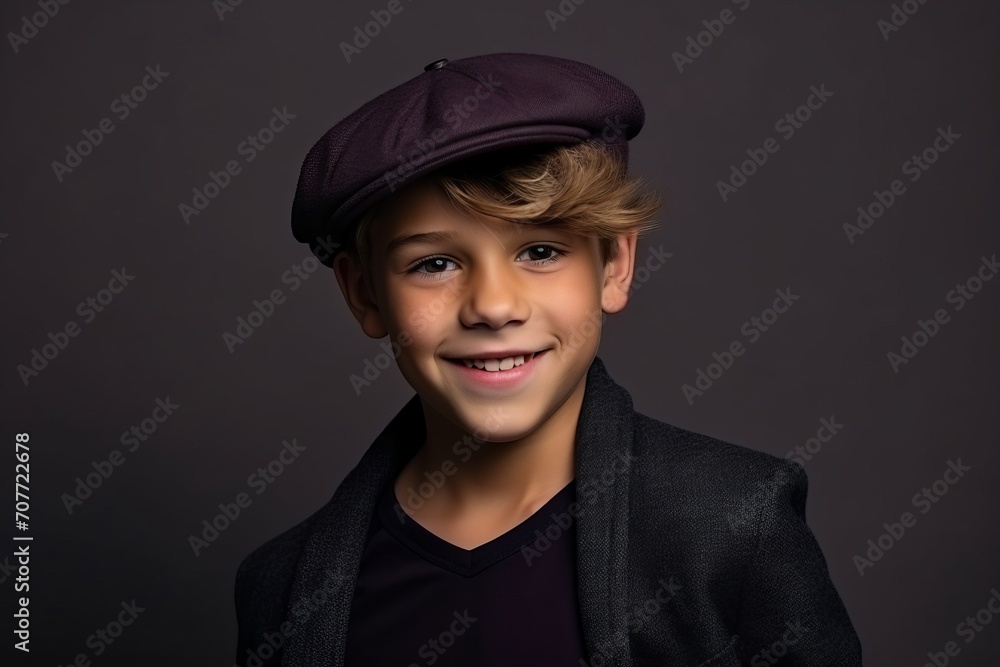Portrait of a smiling boy in a beret on a dark background Portrait of a smiling boy in a beret on a dark background