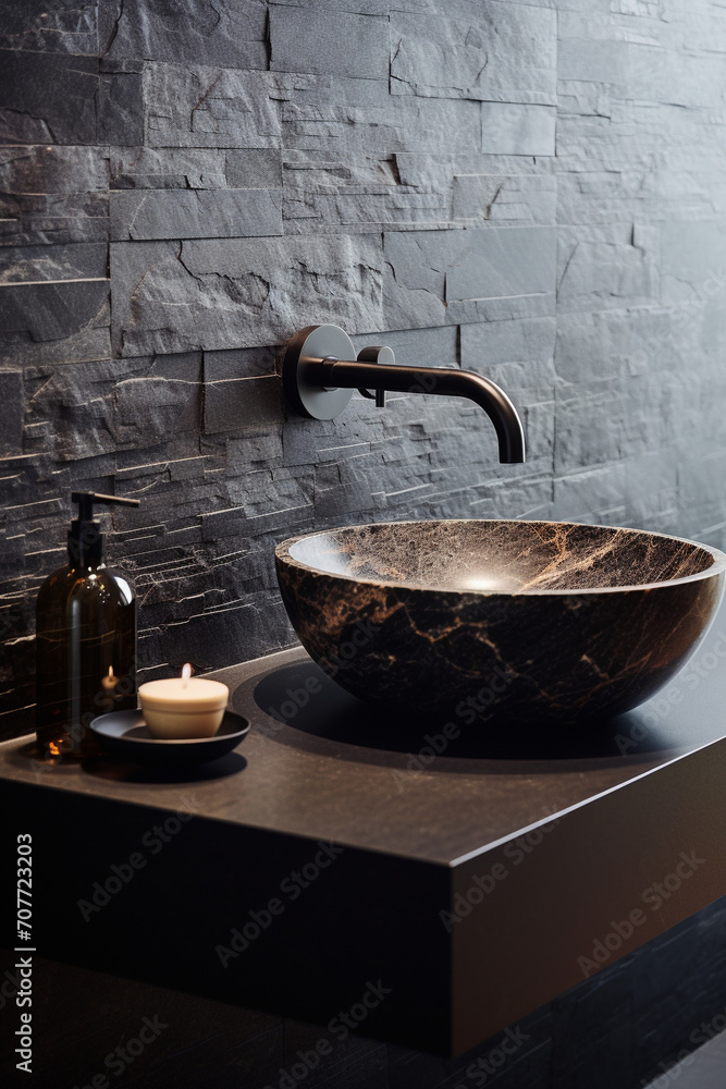 Sculpted Sophistication: Wall-Mounted Faucet Meets Black Marble Luxury in Modern Bath Design Sculpted Sophistication: Wall-Mounted Faucet Meets Black Marble Luxury in Modern Bath Design