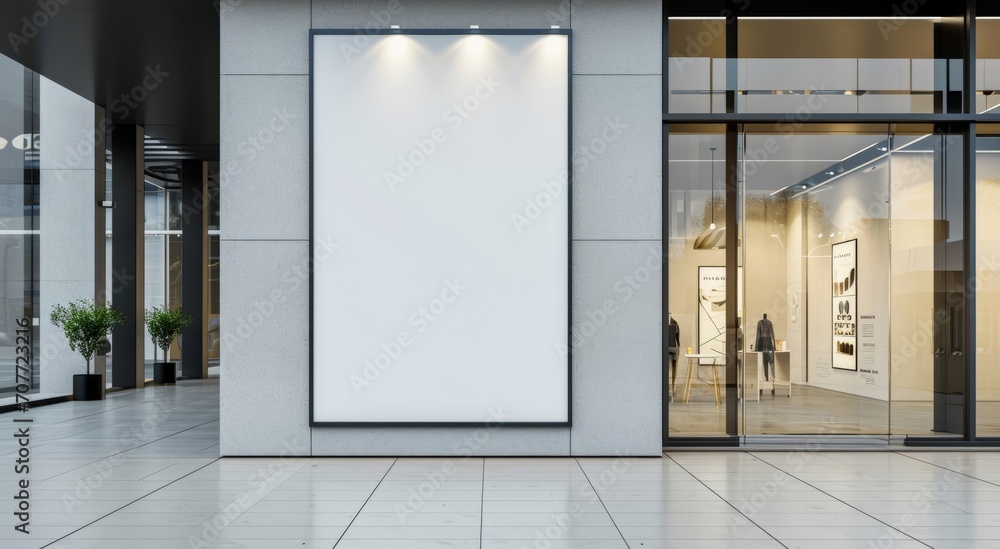 blank billboard hanging on the side of a building. The billboard is white, mock up poster, advertisement blank billboard hanging on the side of a building. The billboard is white, mock up poster, advertisement