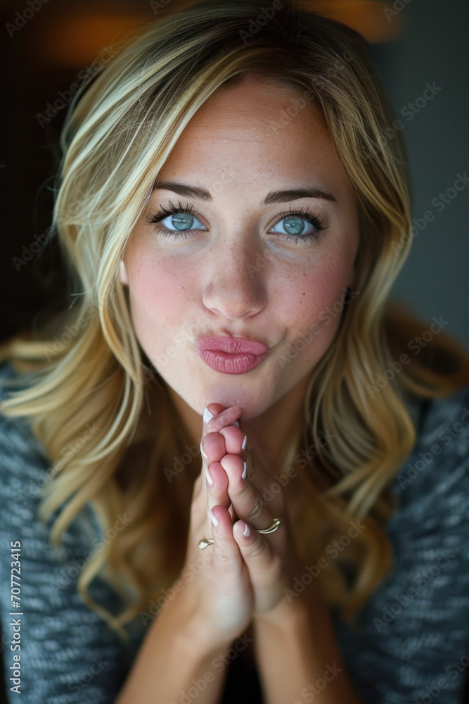 femme blonde vue de face qui envoie un baisé, les mains jointes devant elle femme blonde vue de face qui envoie un baisé, les mains jointes devant elle
