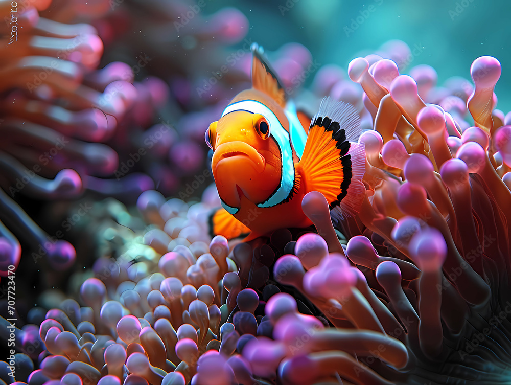 Φωτογραφία An Underwater Close-Up Of A Colorful Clownfish, A Clown Fish Swimming In Anemone