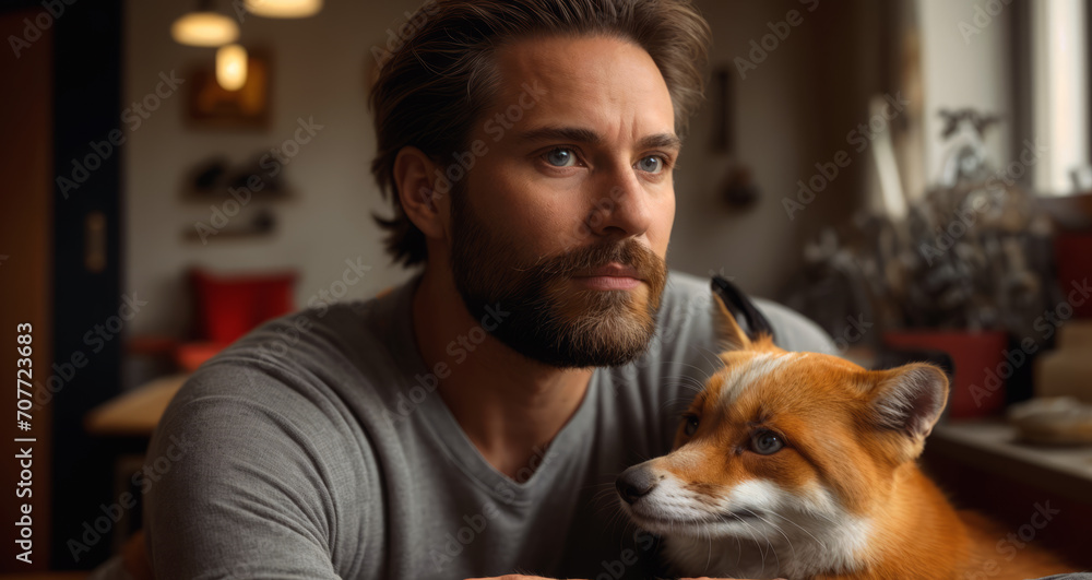 Portrait of a man with a fox. AI