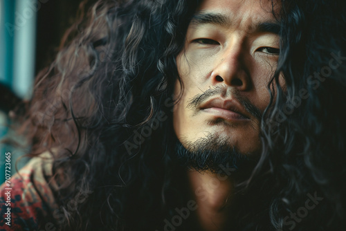 Portrait of asian man with long hair. 
