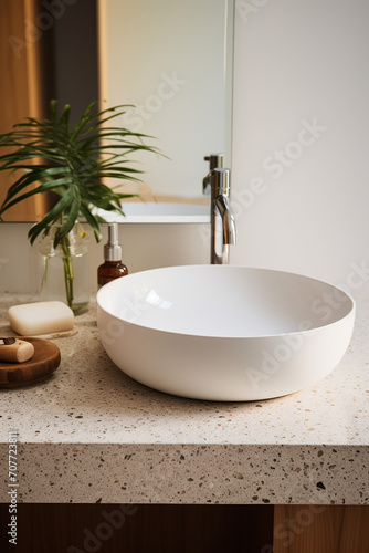 Terrazzo Tranquility  A Minimalist Oasis with White Sink in Modern Bathroom